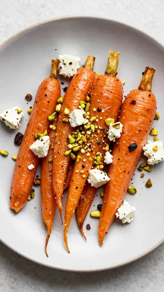 roasted carrot salad on matte plate, feta and pistachio