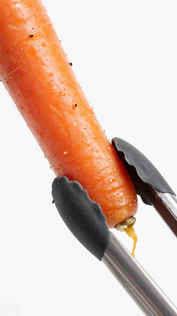 silicone-tipped tongs gripping roasted carrot, macro detail