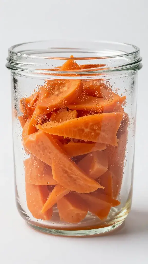 airtight glass container with chilled carrot salad, condensation