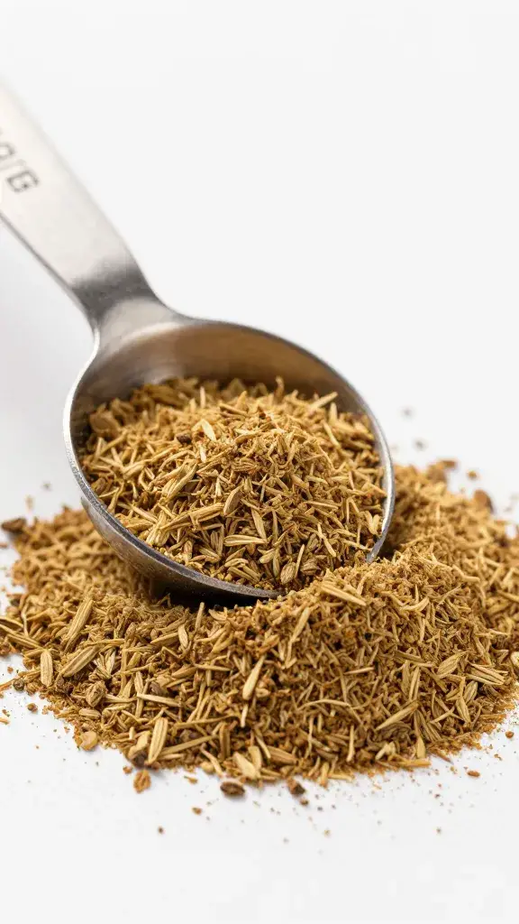 measuring spoons with ground cumin heap, macro