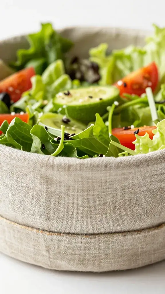 linen-wrapped salad bowl for picnic, tight closeup