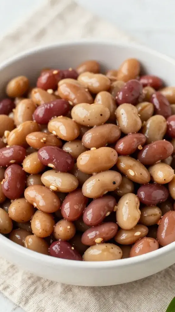 closeup bowl of marinated three-bean salad on linen