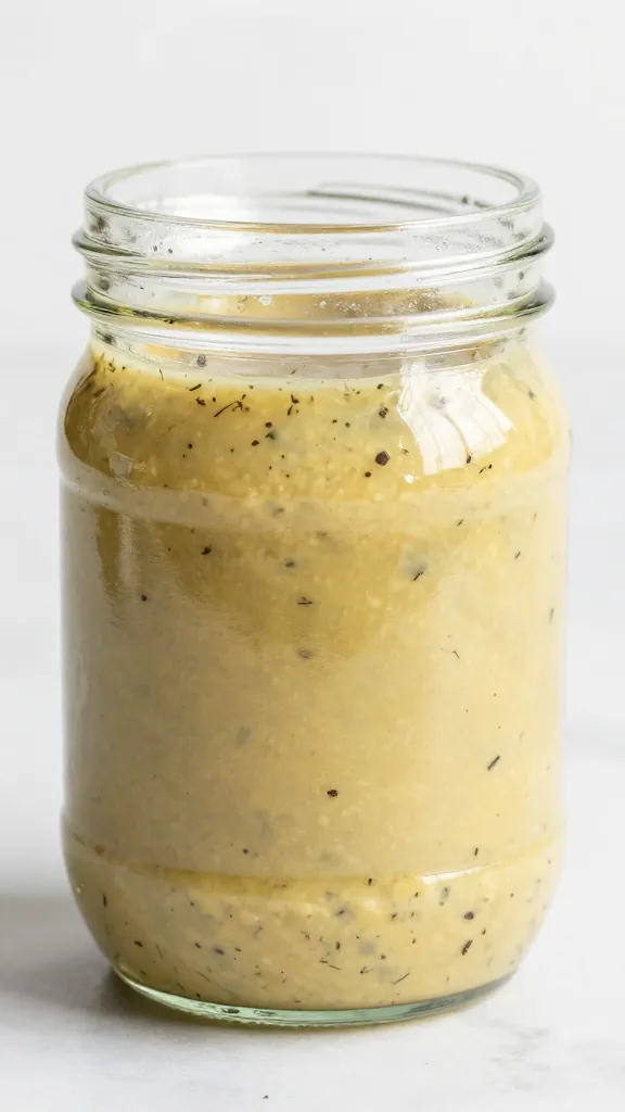 mason jar of tangy garlic dressing with visible herbs