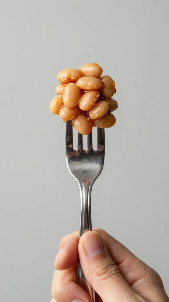 handheld forkful of marinated beans against neutral background