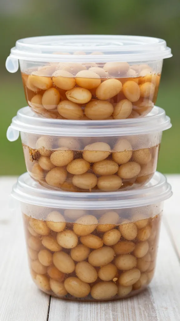 picnic-ready sealed container of bean salad, condensation visible