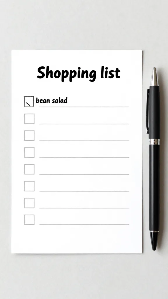 labeled shopping list card for bean salad, pen beside it