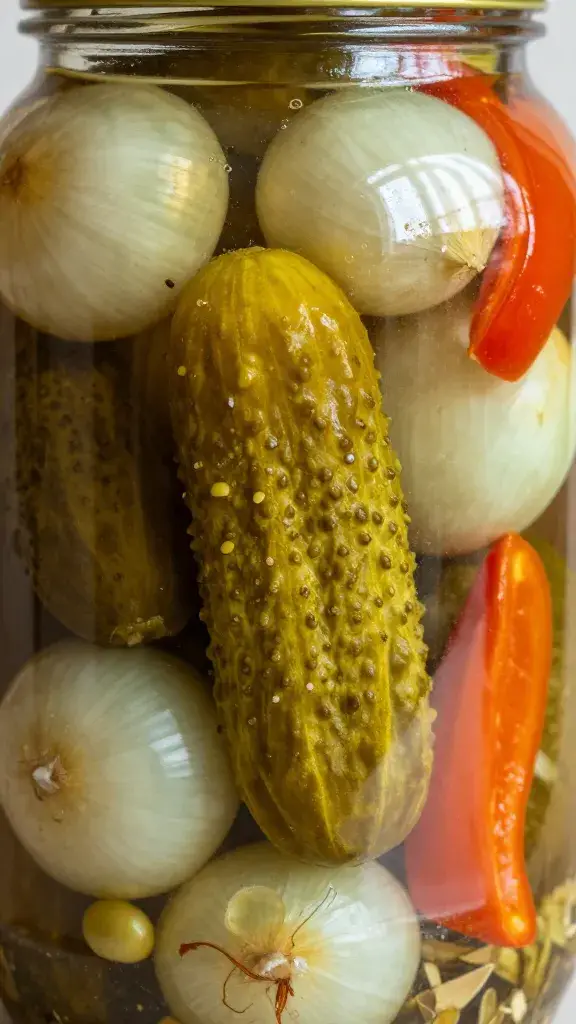 closeup jar of pickled cucumbers, onions, bell peppers
