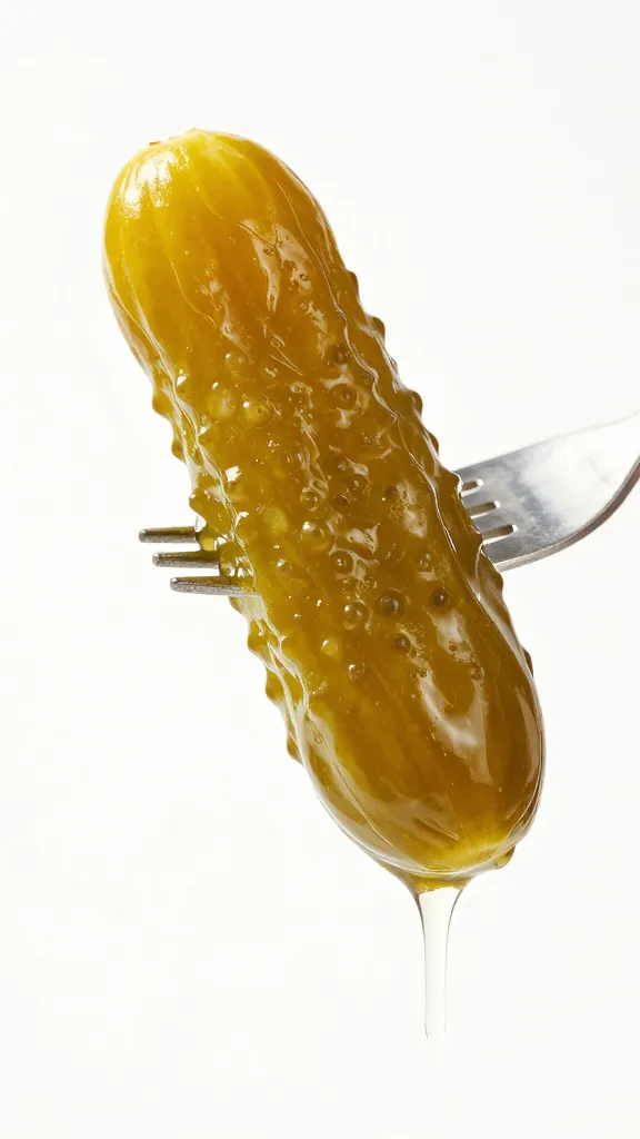 single forkful of pickled cucumber slice, brine dripping