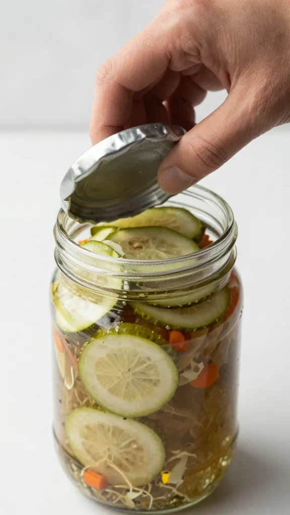 mason jar lid being twisted onto pickled salad jar
