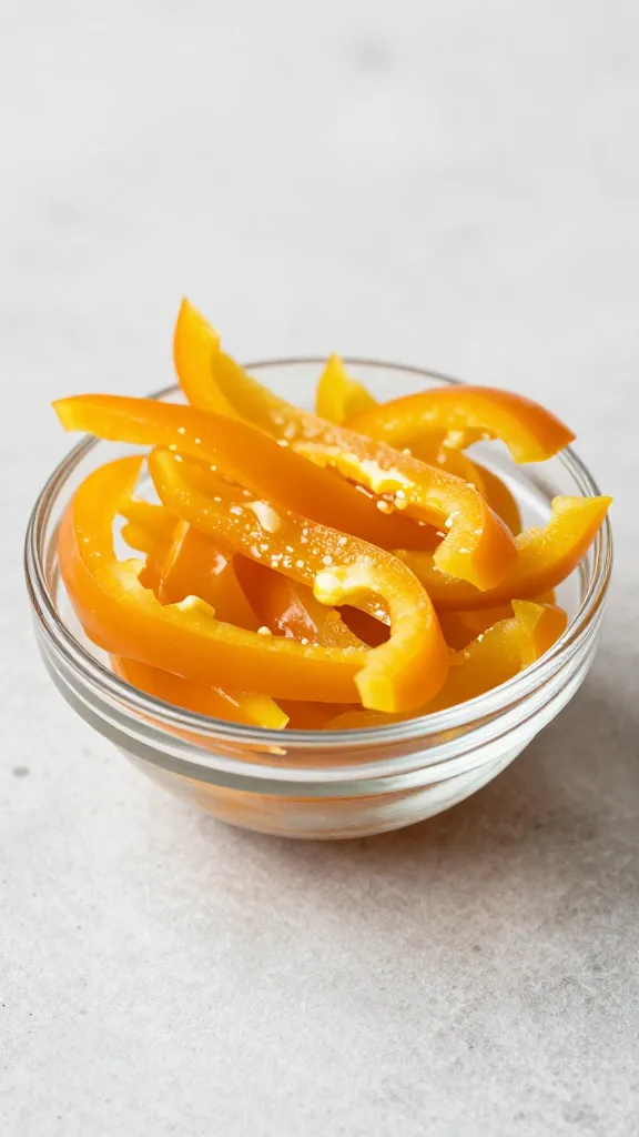small glass bowl of crunchy pickled bell pepper strips