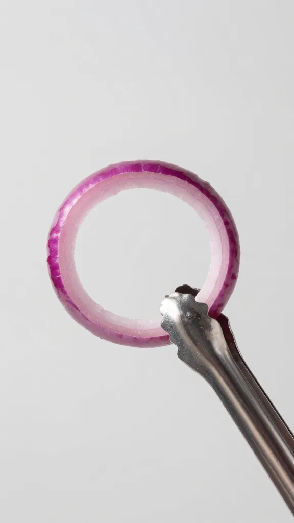 stainless tongs holding one pickled red onion ring