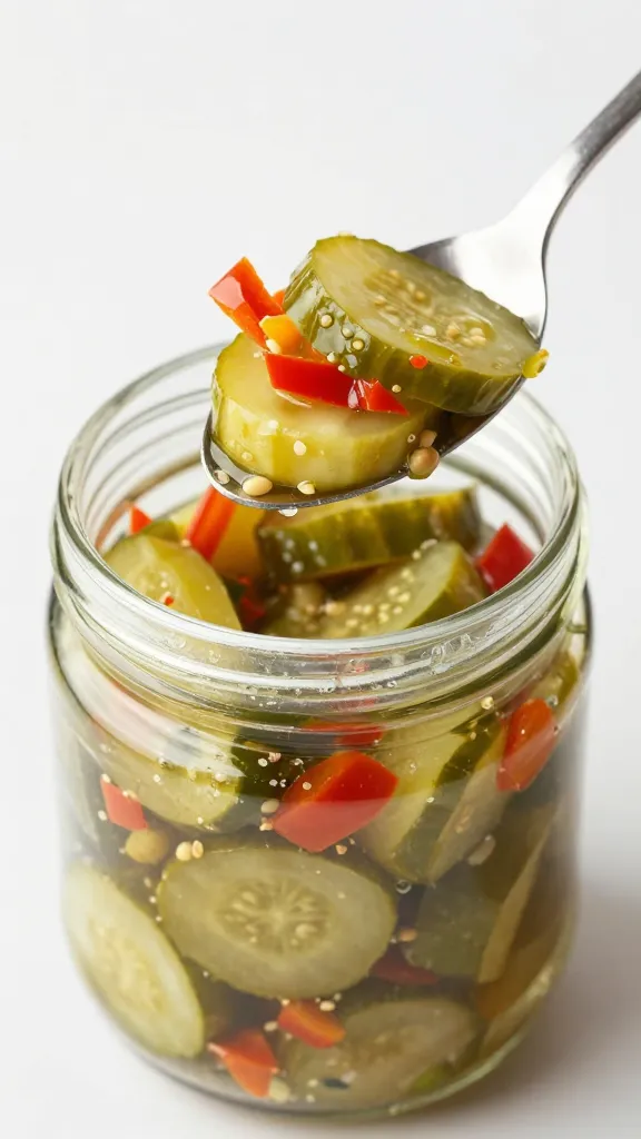spoon scooping brined pepper-cucumber mix from jar