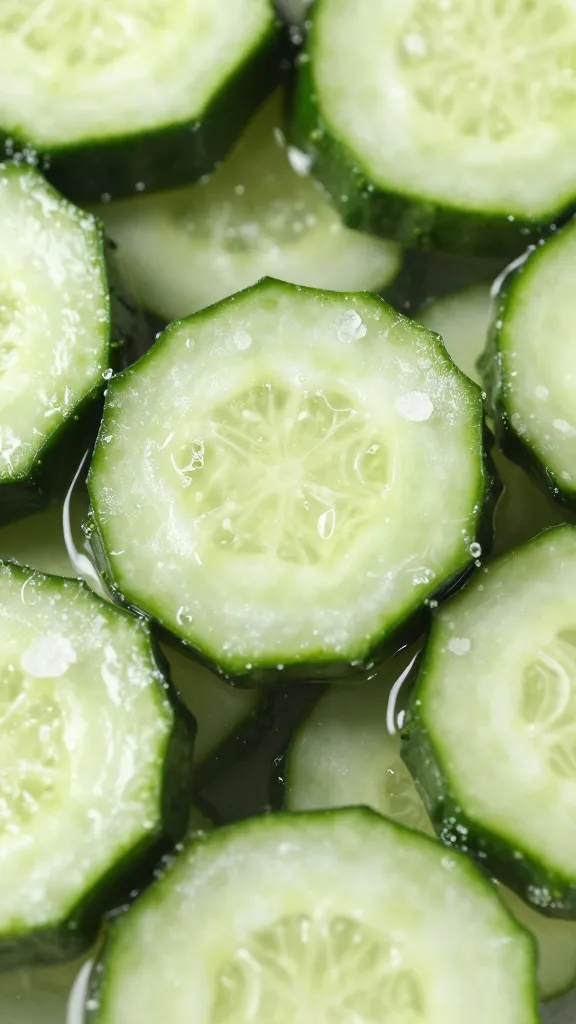 closeup of salt-sprinkled cucumber rounds before brining