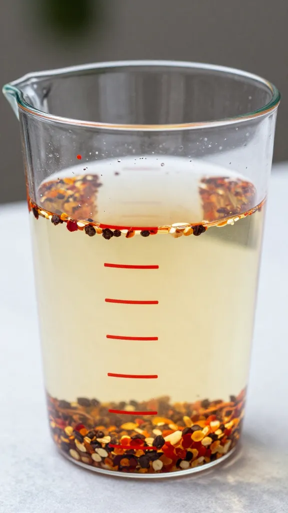 measuring cup of clear pickling brine with pepper flakes