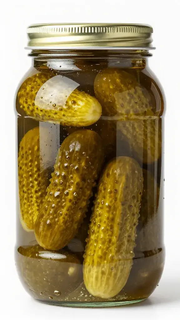 single chilled jar sweating, filled with crisp pickles