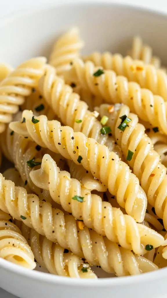 closeup bowl of Italian pasta salad with vinaigrette sheen