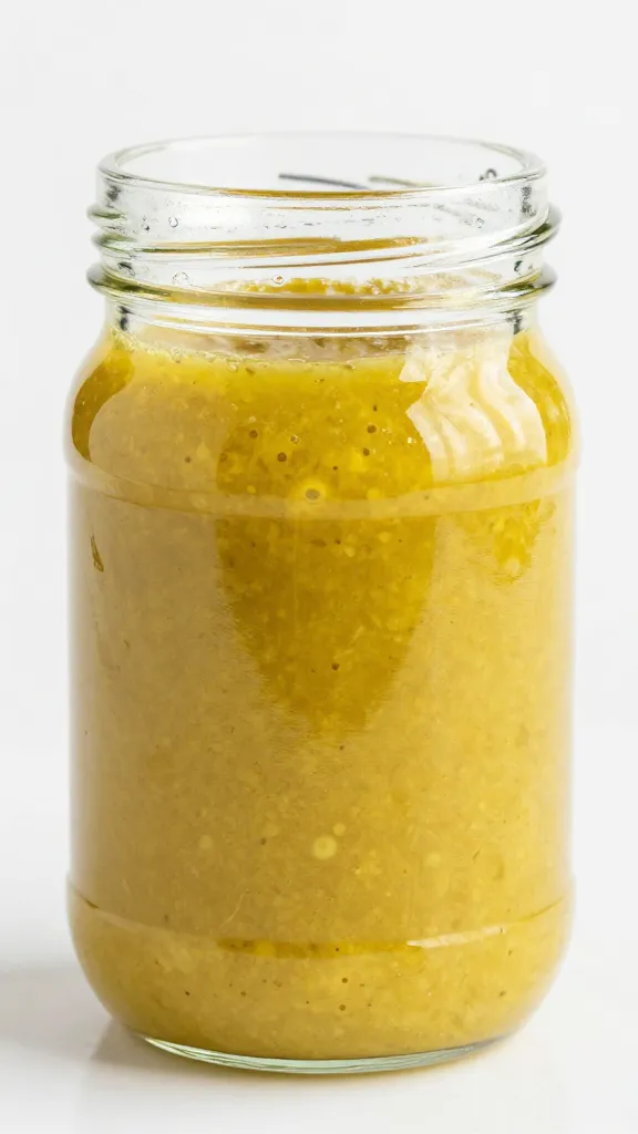glass jar of homemade Italian vinaigrette, emulsified