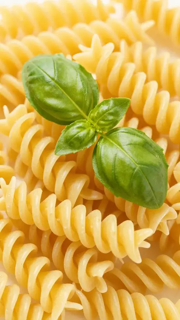 single basil leaf resting on dressed pasta spiral