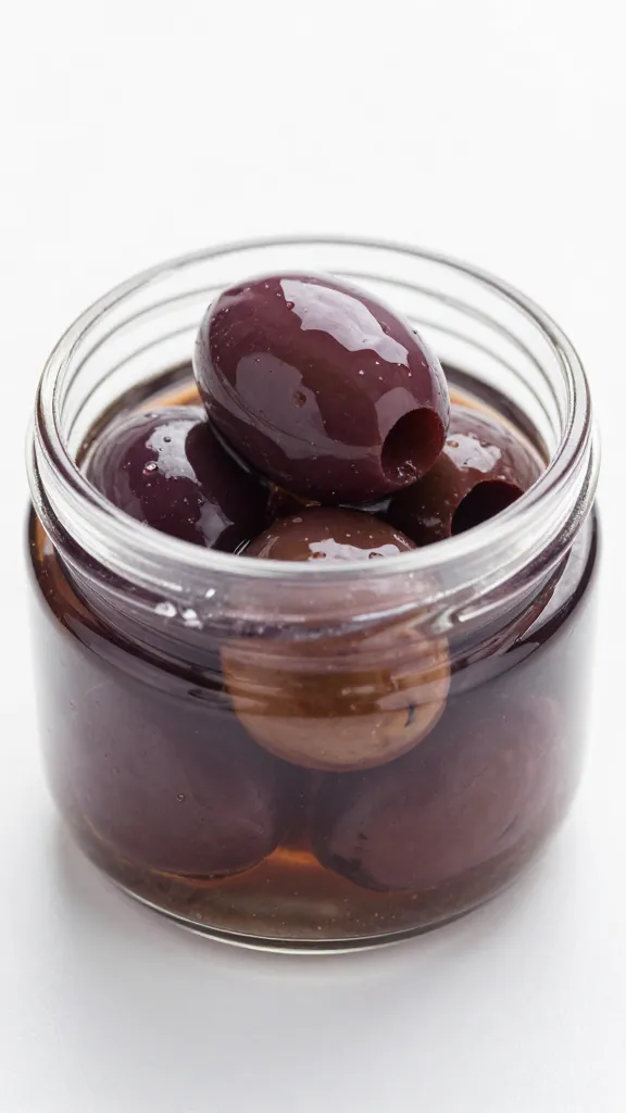 small container of kalamata olives, glistening brine