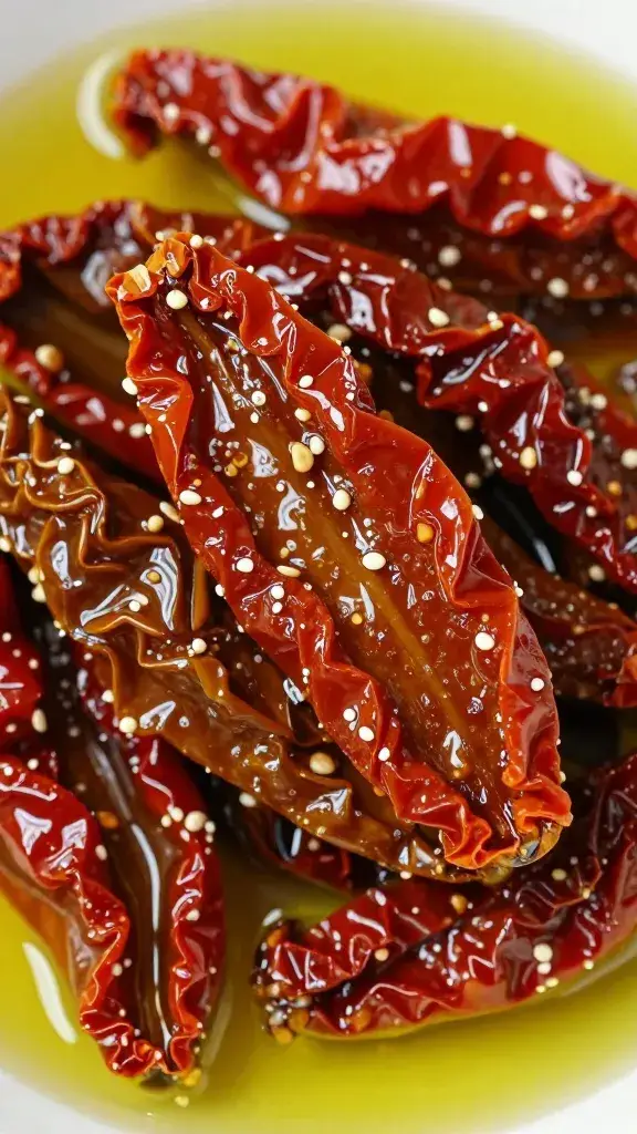 closeup of sun-dried tomato strip in olive oil