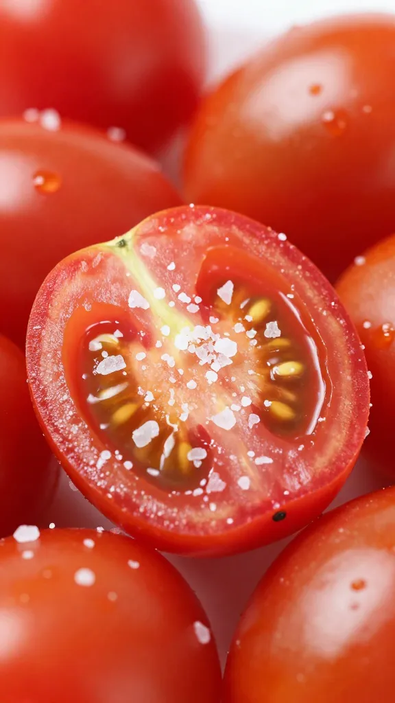 cherry tomato half sprinkled with flaky sea salt