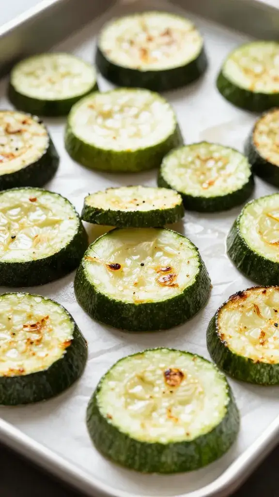 closeup of jammy roasted zucchini coins on sheet pan