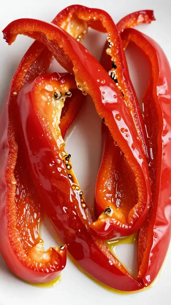 charred red bell pepper strips glistening with olive oil