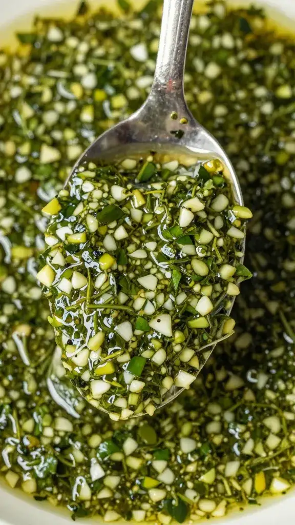 spoon dipped in garlicky herb marinade, overhead