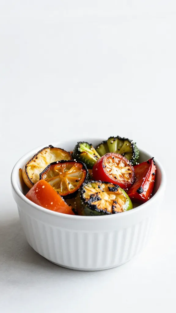 single white enamel bowl of roasted antipasto vegetables