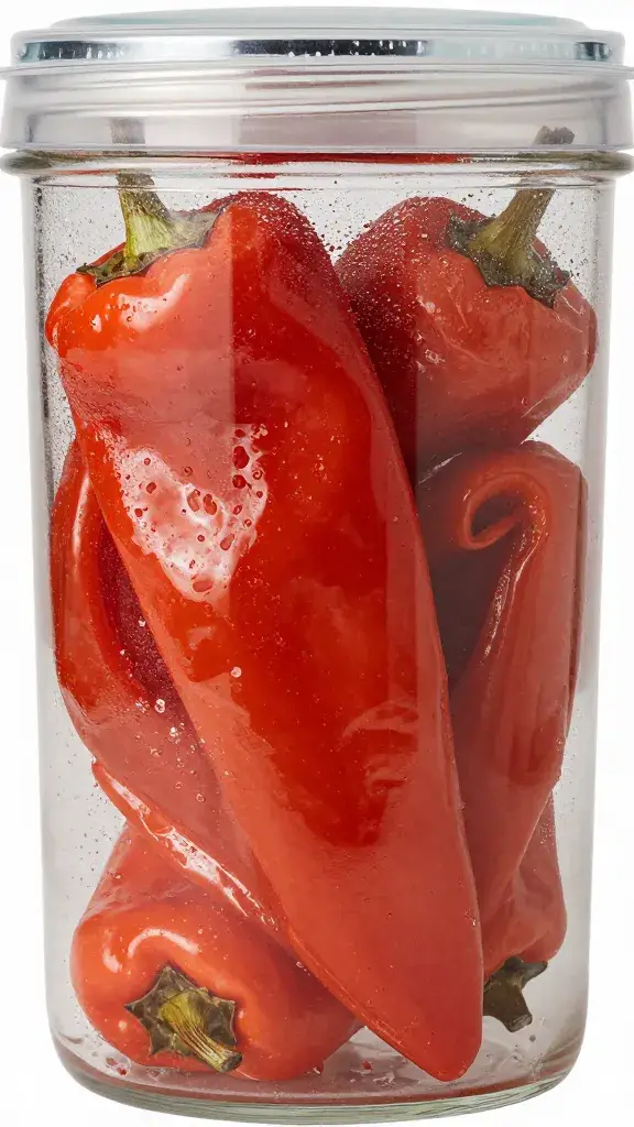 airtight container packed with roasted peppers, condensation