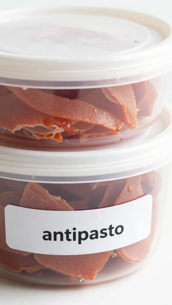 cooler-ready sealed deli tub labeled “antipasto,” closeup