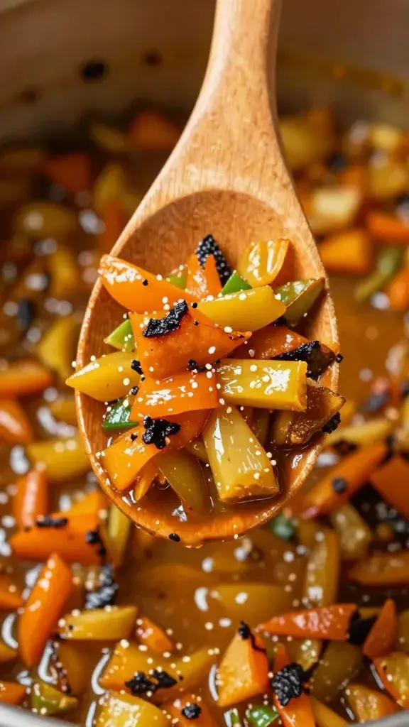 wooden spoon coated in roasted vegetable pan juices