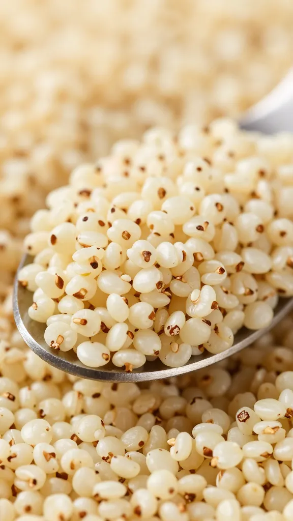 macro shot of fluffy cooked quinoa grains in spoon
