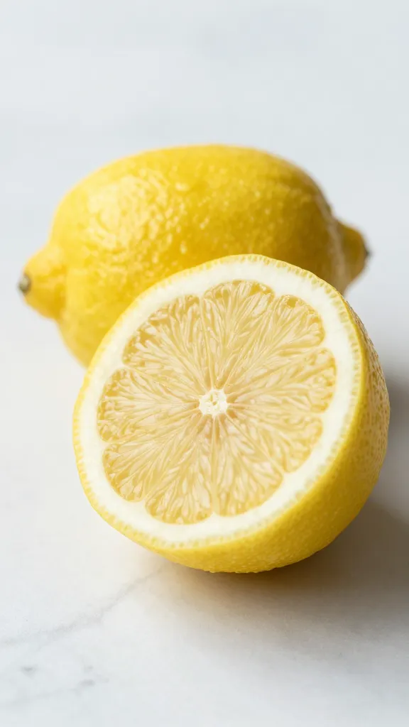 halved bright lemon with visible pulp on marble