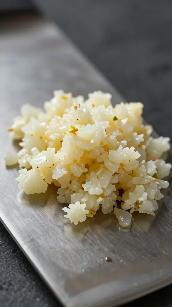 minced garlic pile on chef’s knife blade