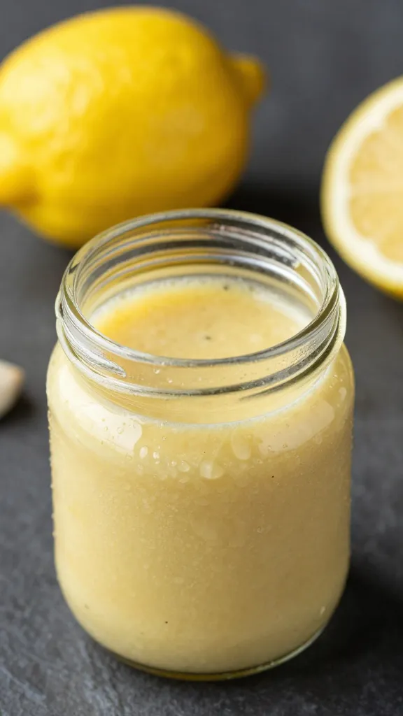 small jar of lemon-garlic dressing with condensation