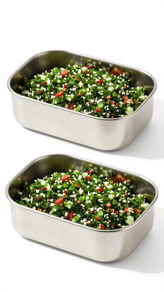 chilled stainless picnic container filled with tabbouleh