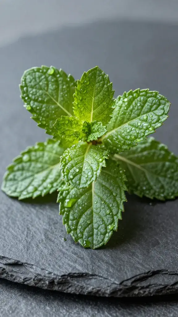 fresh mint leaves stack, dewy, on dark slate