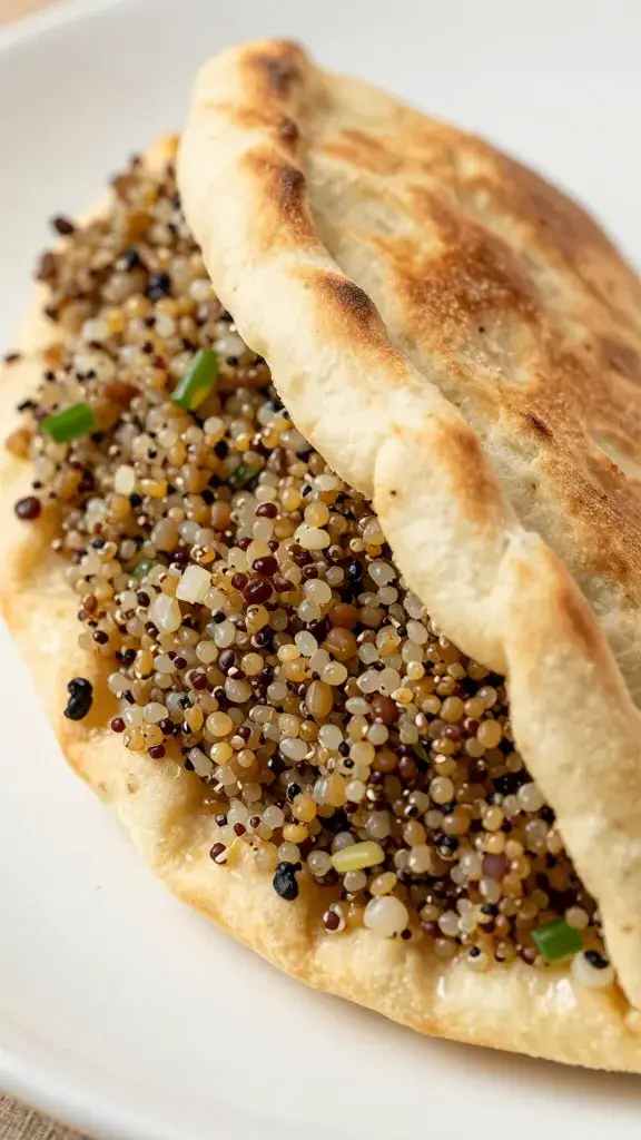 pita pocket stuffed with quinoa tabbouleh, closeup