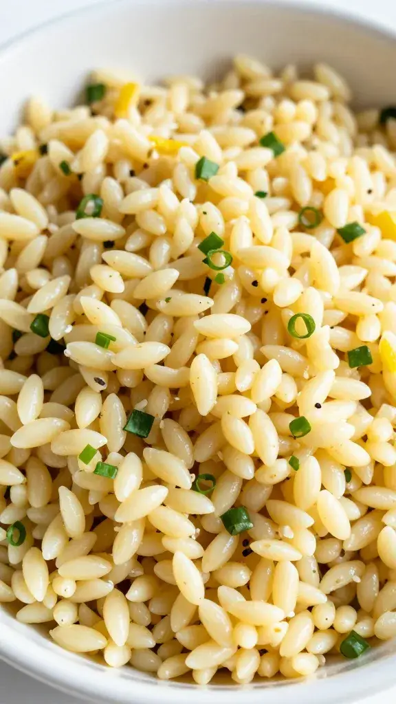 closeup bowl of lemony Greek orzo salad