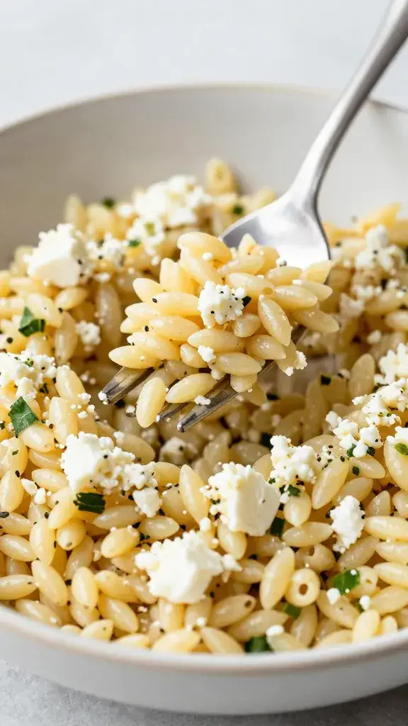 forkful of orzo salad with feta crumbles