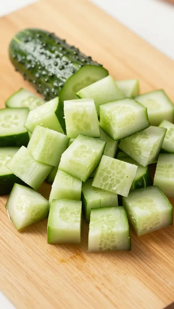 diced English cucumber on wooden cutting board