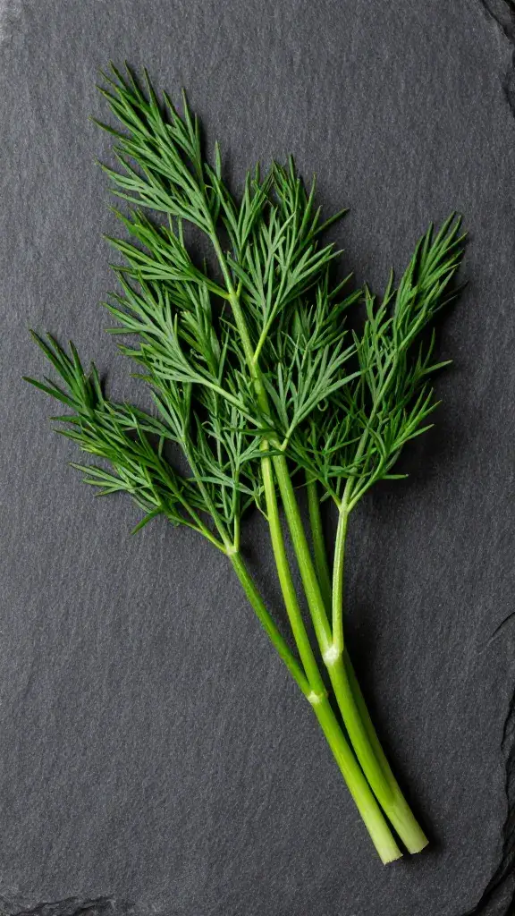 fresh dill sprigs on dark slate