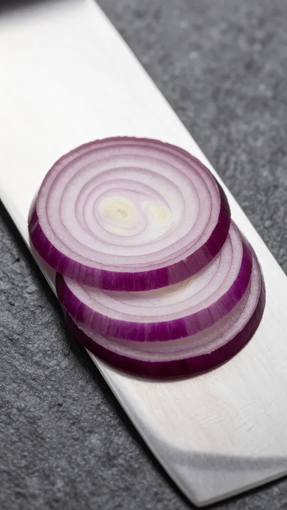 red onion thin slices on chef’s knife blade