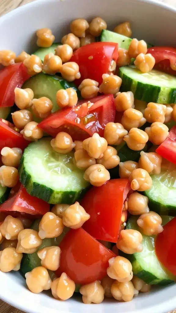 closeup bowl of chickpea cucumber tomato salad, natural light