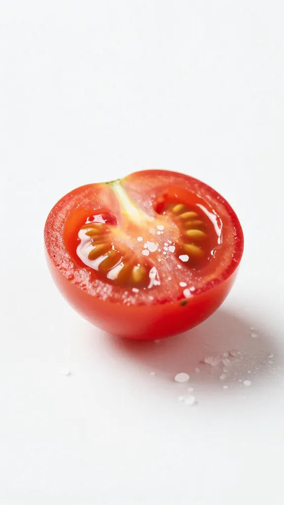 single halved cherry tomato with sea salt, macro shot