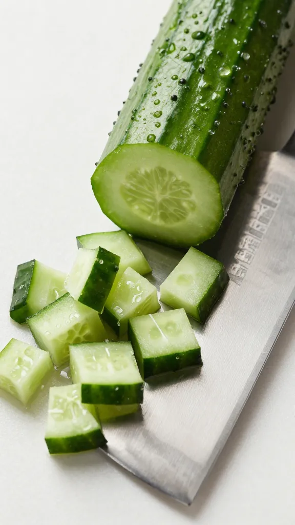 diced English cucumber on chef’s knife blade, overhead