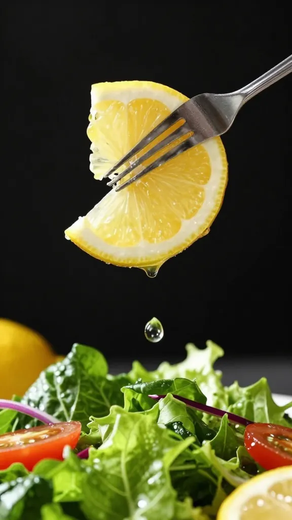 lemon wedge squeezed over salad, droplets frozen midair
