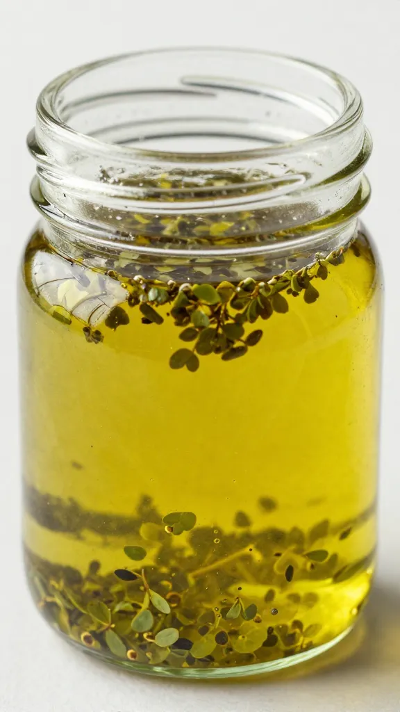 small jar of olive oil and oregano vinaigrette, closeup