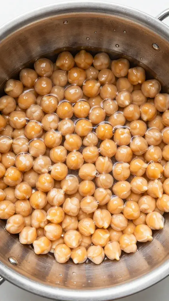rinsed chickpeas in stainless colander, water beads visible